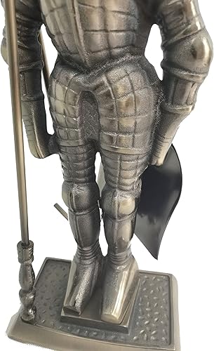 Miniatura 6 de Lizh Juego de herramientas para chimenea en forma de caballero de hierro de la edad media con diseño de latón antiguo