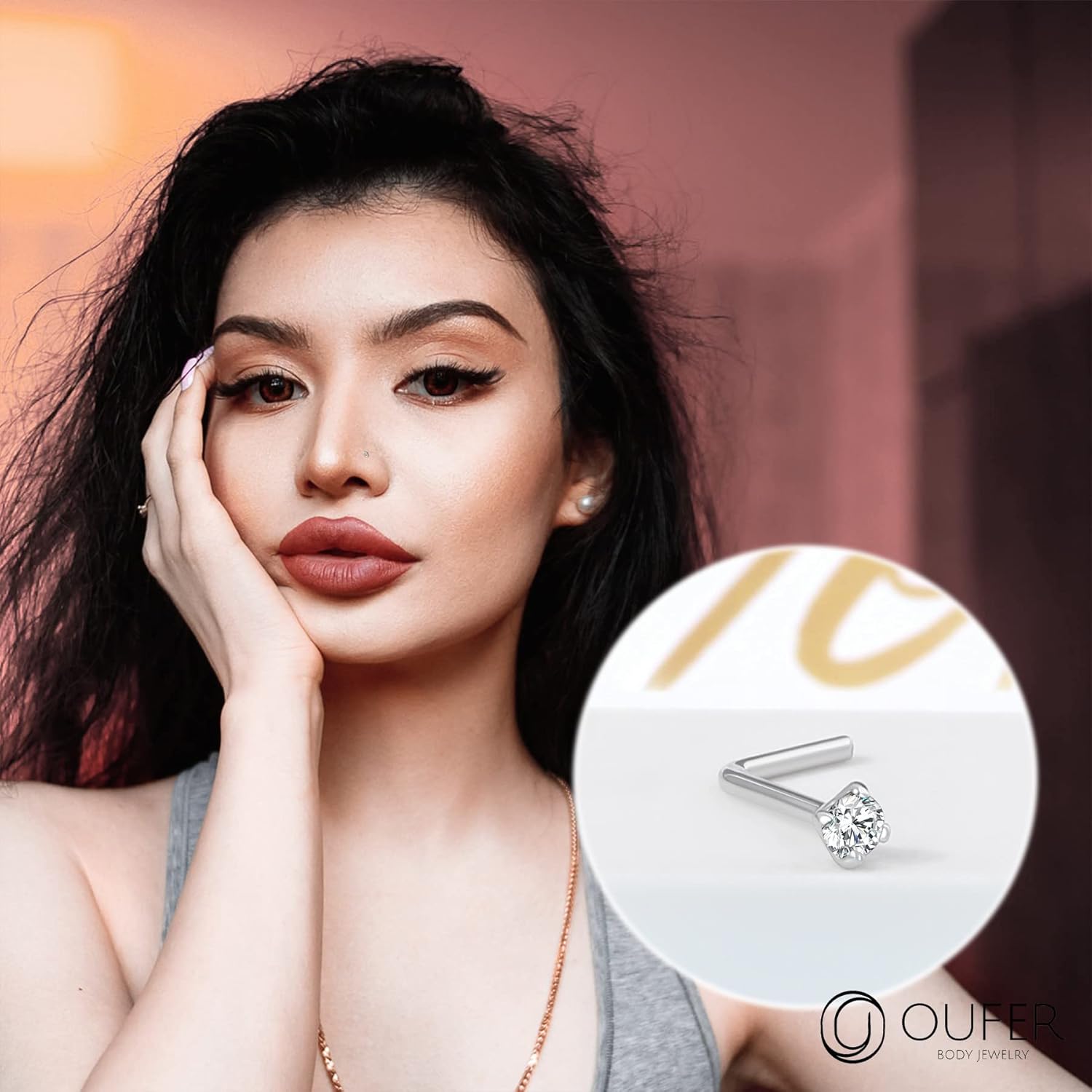 OUFER 925 Sterling Silver Nose Studs, Bone L Screw Shaped Nose Rings, 20G Nostril Solid 2mm Round CZ Nose Piercing Jewelry for Women Men-L Shaped - Image 6