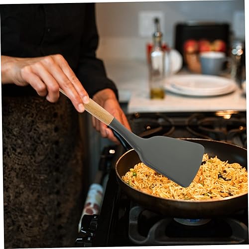 Miniatura 9 de Espátula de silicona con mango de madera, espátula para wok, espátula para hornear, utensilios de cocina de silicona negra, espátulas para plancha,