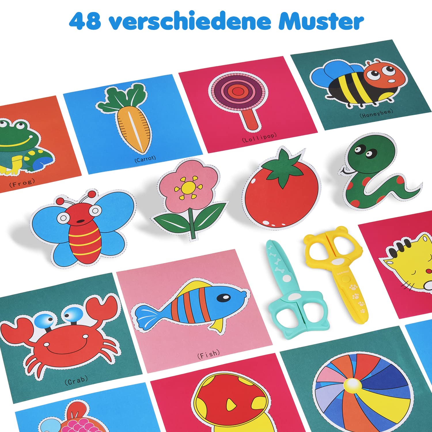 DealKits Juego de Corte Para Niños - 2 Tijeras de Seguridad + 48 Hojas - Actividades Divertidas Para Preescolar y Guardería - DIY