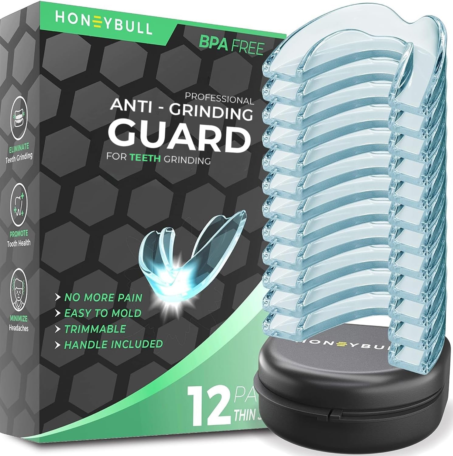 HONEYBULL Anti Grinding Guard Set for Light Grinding, Comfortable Custom Mouth Guard for Nighttime Teeth Grinding (12 Pack - Thin)