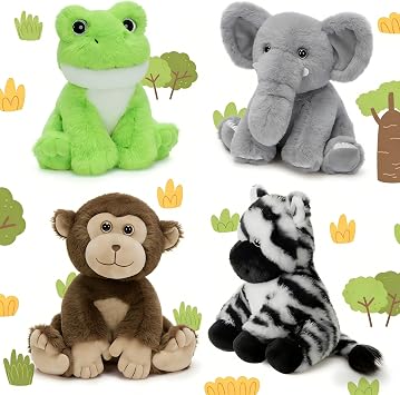MaoGoLan 4Pcs Small Stuffed Animals Bulk, Safari Jungle Animal Plush Toys Set - Elephant Monkey Zebra Frog, Soft 8" Zoo Stuffed Animals for Kids, Birthday Party Favors Classroom Rewards