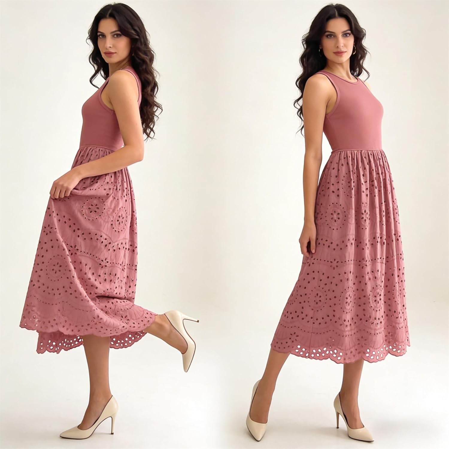 Summer Women's Casual Dress Sleeveless Round Neck A-Line Bohemian-Style Openwork Cotton Tank Dress (with Pockets)