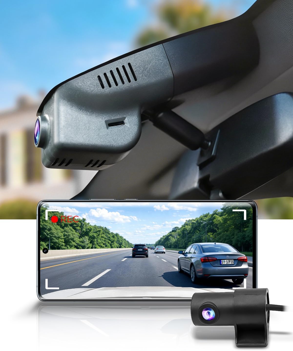 Fitcamx Front 2K+Rear 1080P Dash Cam Adapts for Cadillac XTS 2013-2019 has Auto-Dimming (HD2-6018), OEM Style, Dual HD Video, WiFi & APP, Loop Recording, Gravity Sensor, Easy to Set, 64GB Card