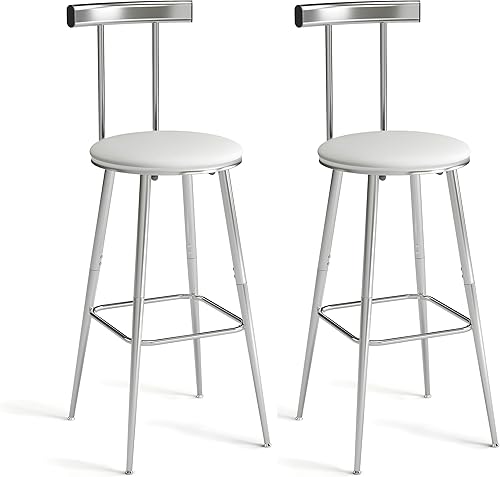 Taburetes de bar, juego de 2 taburetes de cocina altos, sillas de bar con respaldo y reposapiés, taburetes industriales con asiento suave de PU,
