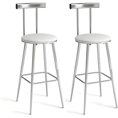 Bar Stools, Set of 2 High Kitchen Barstools, Bar Chairs with Backrest and Footrest, Industrial Counter Stools with PU Soft seat, for Kitchen, Living Room, Pub, Silvery BS-011SI