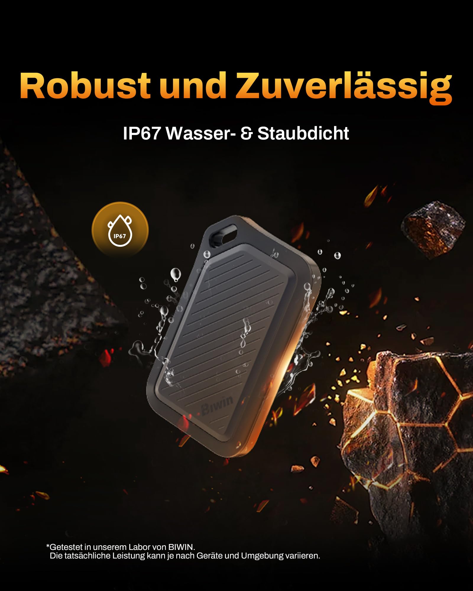 BIWIN Amber PR2000 Externe SSD 2TB USB 3.2 Gen2x2 - Bis zu 2000 MB/s IP67 wasserdicht - Portable NVMe External Solid State Drives mit USB-C & USB-A Adapter, Schwarz