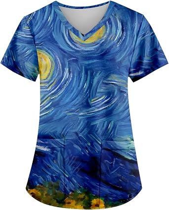 AMOMA Unisex V-Neck Stars Galaxy Flower Print Loose Fit Short Sleeve Scrub Shirts Nursing Tops with Pockets