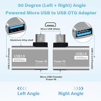 2 Pack OTG Cable Adapter for Fire TV Stick,90 Degree Left & Right Angle Powered Micro USB to USB OTG Adapter for Android Phone Tablet and More Host Devices with Micro USB (with 2 USB A to Micro Cable)