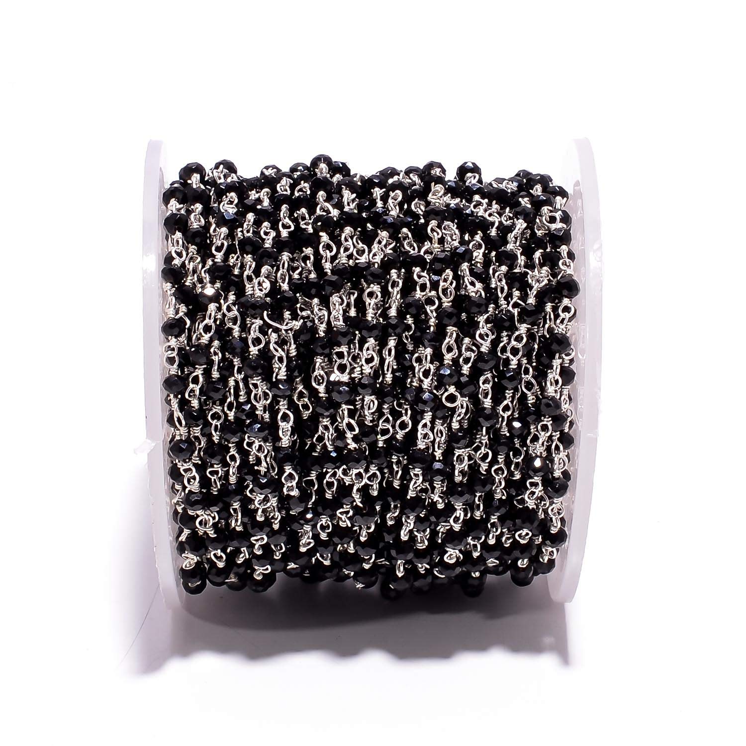 BEADS HUB 1-10 Feet Multi Color Chalcedony Gemstone Rondelle Faceted 4x3 mm Beads Silver Plated Wire Wrapped Rosary Chain, Hydro Quartz Beaded Chain for Jewelry Making (Black, 10 Feet)