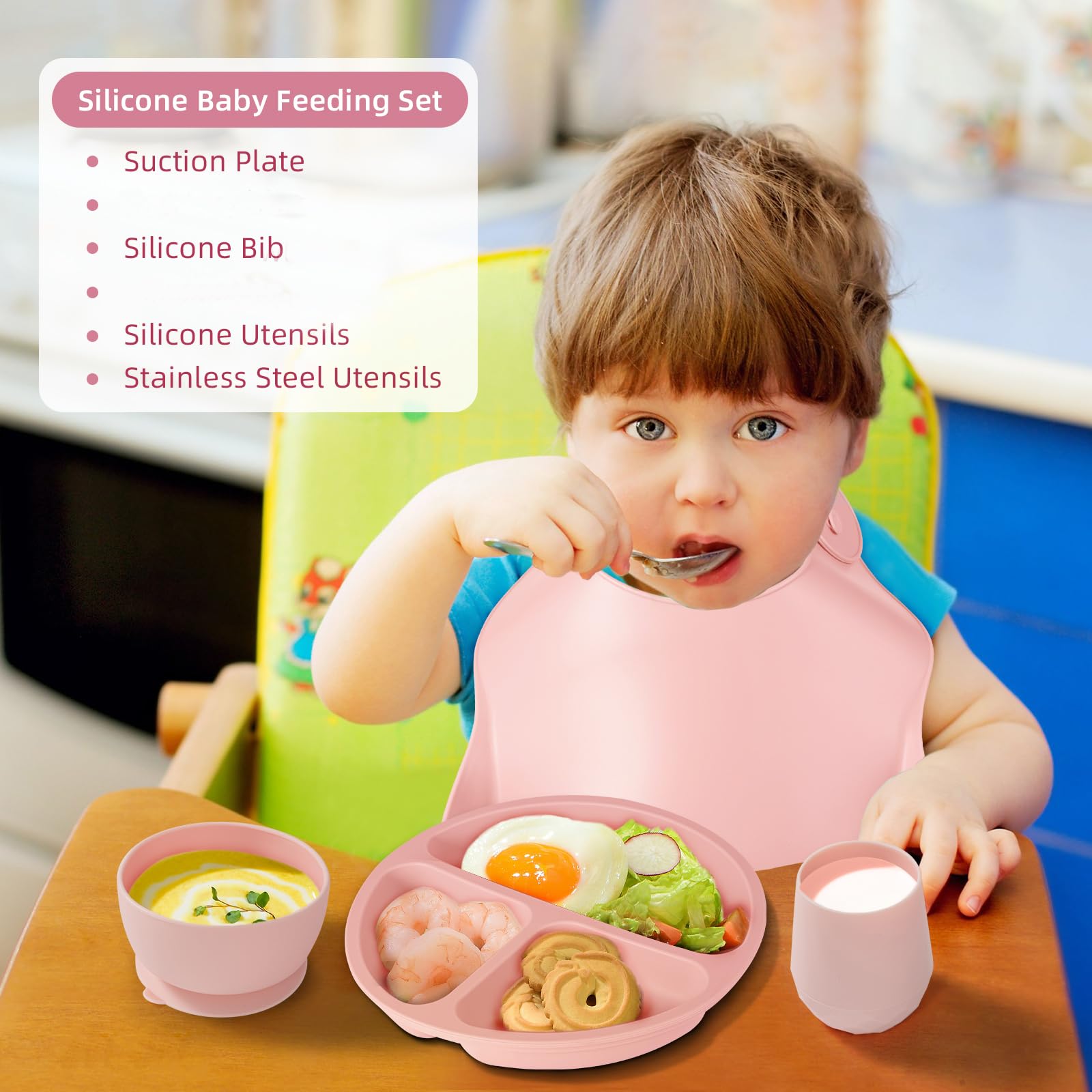 Coffret Repas Bébé 8 Pièces - Assiette Et Bol à Ventouse, Couverts Silicone, Gobelet, Bavoir, BPA Free