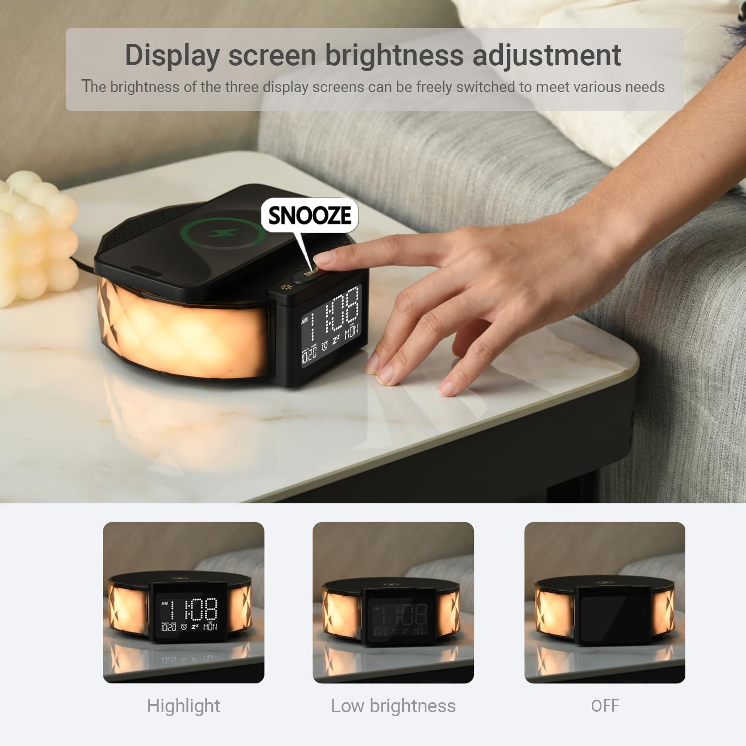 Nachttischlampe mit Ladefunktion RGB Dimmbar Touch Tischlampe Stimmungslicht 15W Wireless Charger Tageslichtwecker 3 Helligkeitsstufen Nachtlicht für Schlafzimmer Kinderzimmer Wohnzimmer Büro, Schwarz