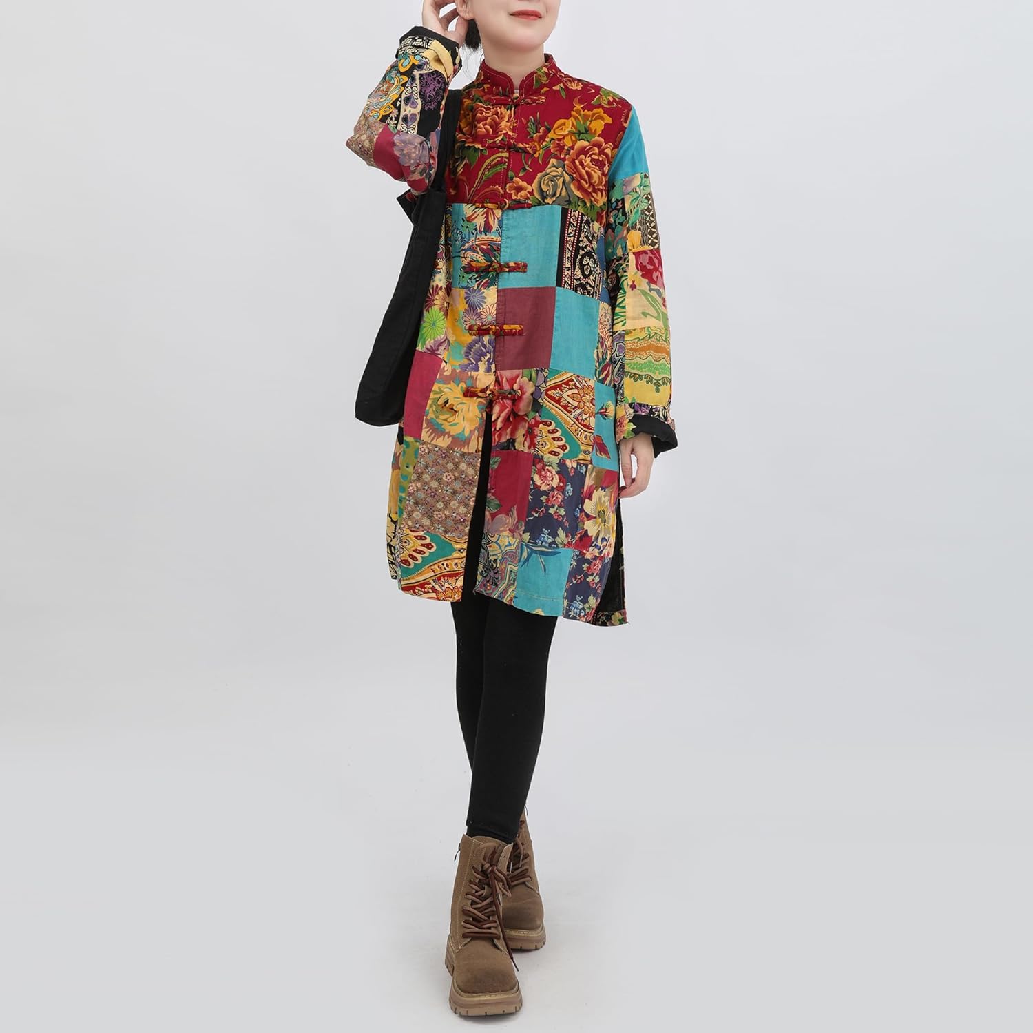 LZJN Women‘s Patchwork Trench Coat - Floral Cotton Linen Long Jacket, Cottagecore Bohemian Outerwear - Image 8