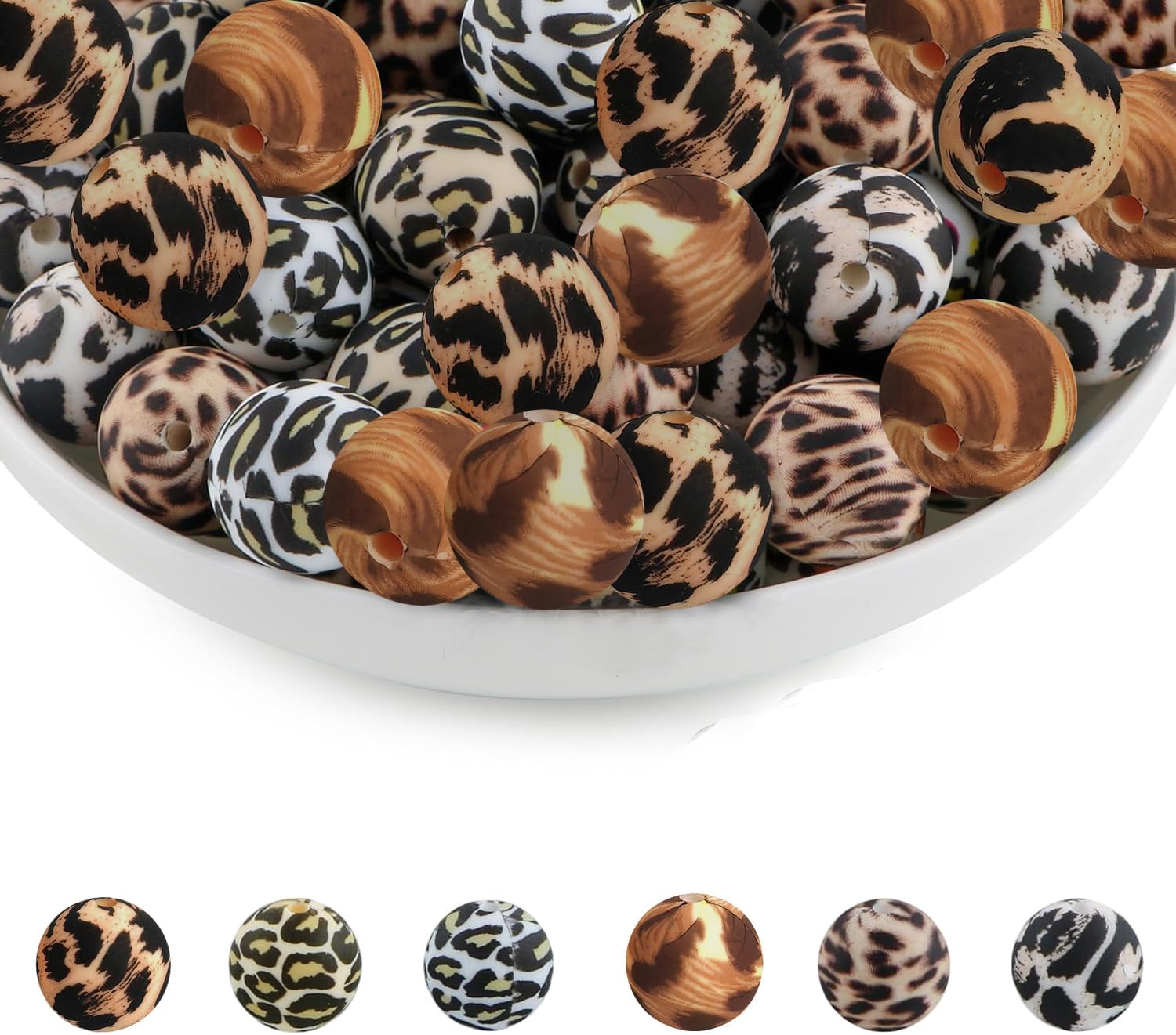 30Pcs Leopard Print Silicone Beads 15mm Round Silicone Bead Bulk Multicolor Leopard Rubber Focal Beads DIY Crafts Loose Spacer Bead for Pens Keychain Bracelet Necklace Lanyard Making