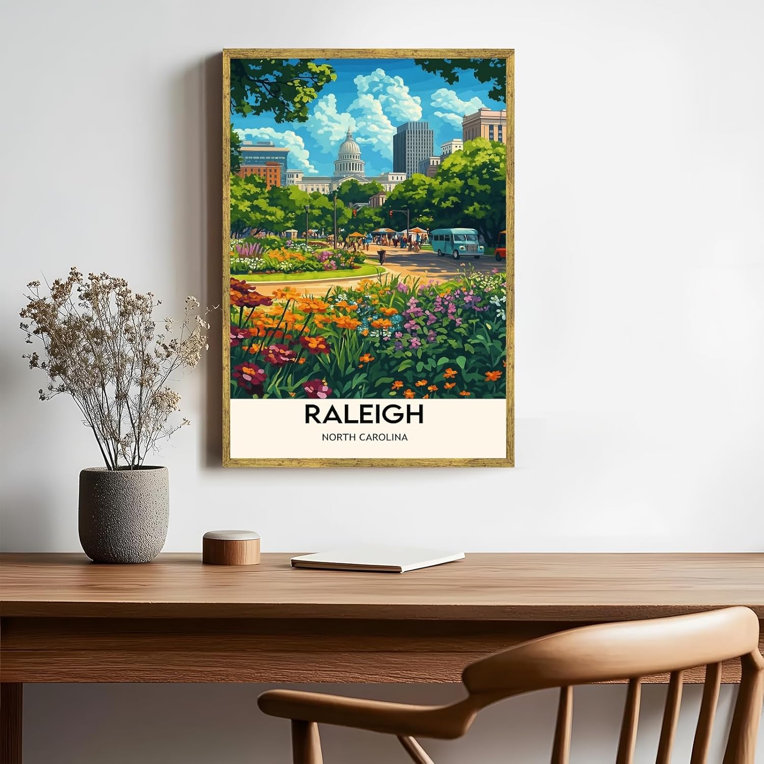 Gold Framed Wall Art Raleigh North Carolina Cityscape Canvas Print Modern City Travel Poster Trendy NC Skyline Wall Decor Landscape Painting Pictures for Living Room Bedroom Office 12x16inch