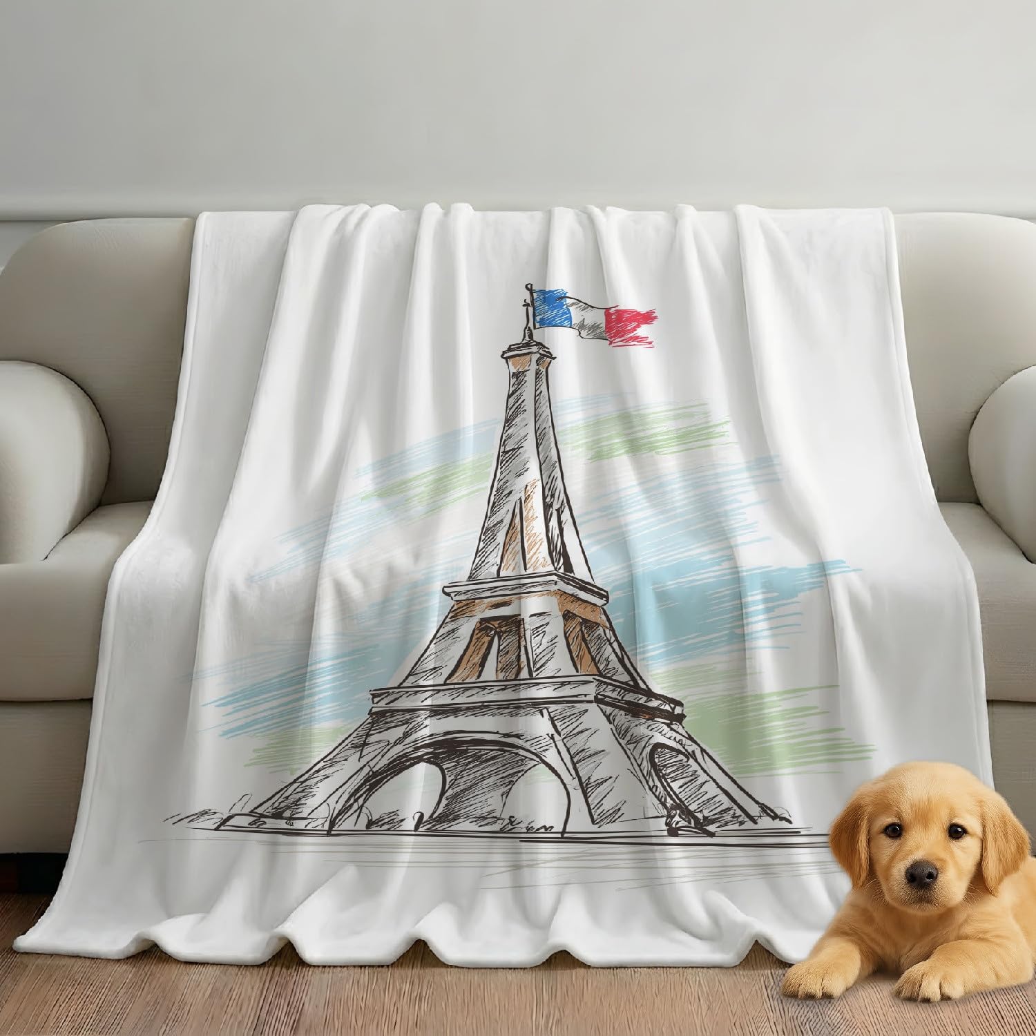 Genérico Zimowy koc flanelowy na sofę i fotel 220 x 270 cm - Koce prezentowe dla kobiet i mężczyzn - minimalistyczny wieża Eiffla Paryż romantyczny wystrój domu - miętowy miękki koc duży