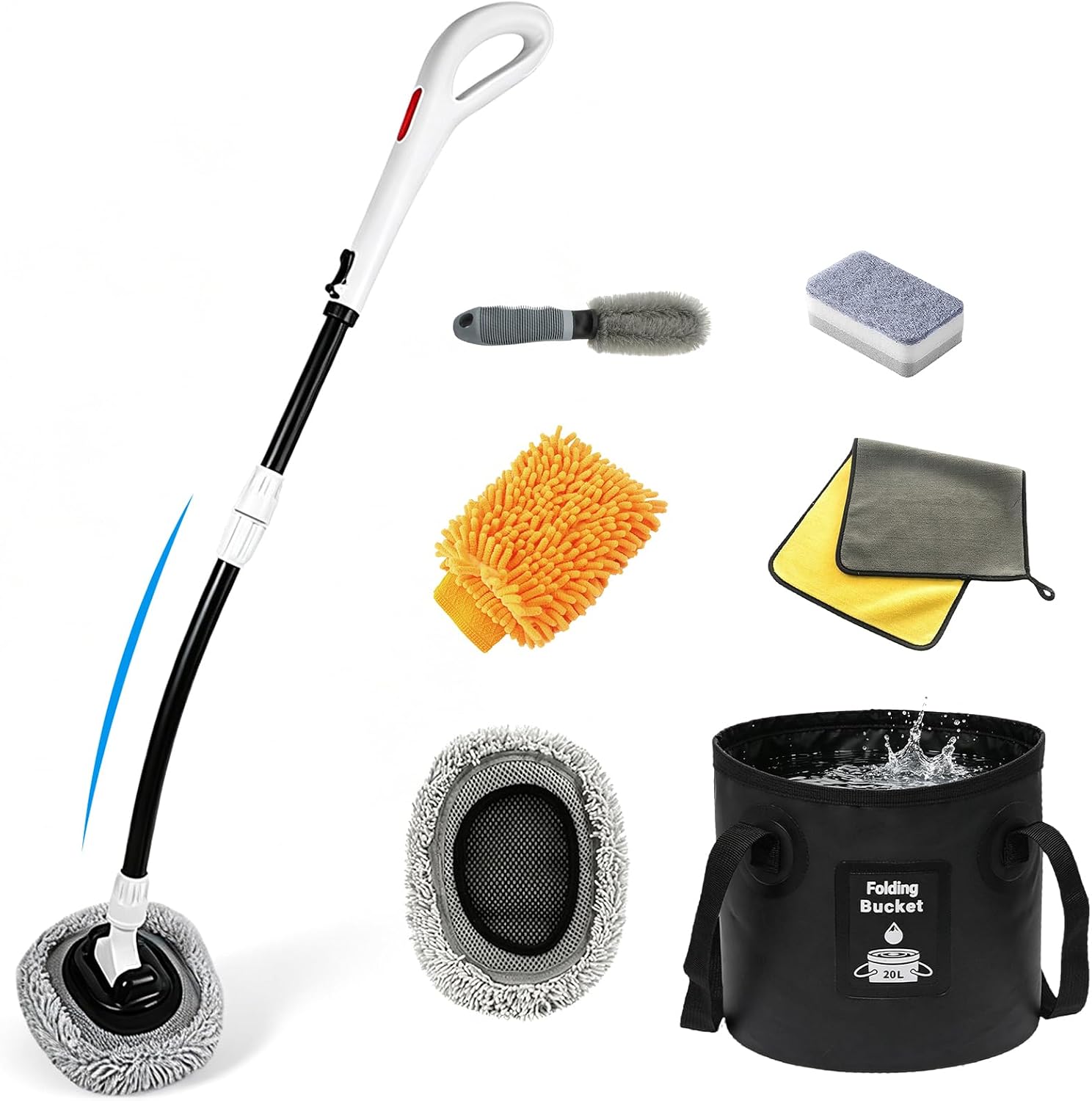 7-in-1 Car Wash Kit with 20L Folding Bucket & Brush – Car Wash Mop with Long Handle, 15° Curved Aluminum Pole for SUV Roof, Car Washing Brushes & Cleaning Supplies, RVs-White.
