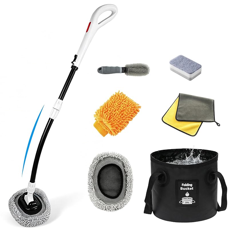 Kit de Lavagem Automotiva AutoShark 7 em 1 com Balde Dobrável de 20 L, Escova com Cabo Telescópico e Curvo para SUV, Toalha e Acessórios – Branco