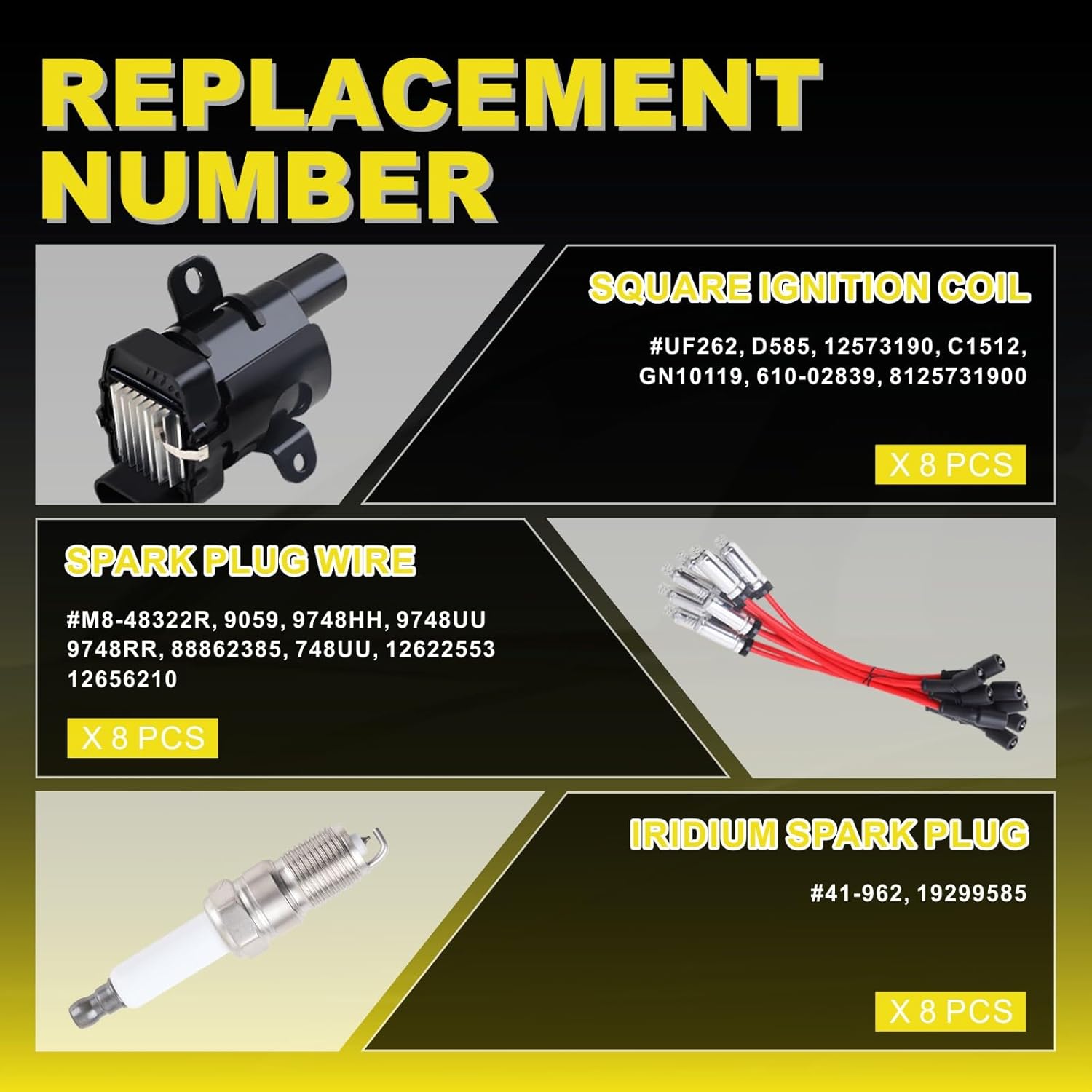 Set of 8 Round Ignition Coils UF262+ 41-962Spark Plugs+ 748UU 8mm Spark Plug Wires for Chevy Avalanche Express Tahoe Silverado Suburban 1500 2500 3500/GMC OEM# D585 (UF262 black +748UU+41-962)