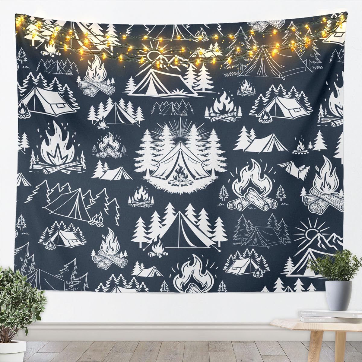 jejeloiu Camper Tapestry Happy Camping Wall Art Gray Wall Hanging Blanket for Living Room Bedroom Adventure Campfire Home Decor Small 51"x59"