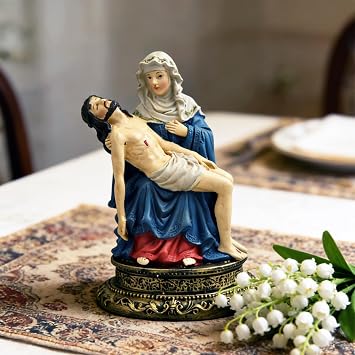 4.33 Pieta Statue Virgin Mary Holding Jesus Hand Painted Resin Catholic Figurine Religious Home Decor for Prayer Room Altar Shelf or Memorial Gift