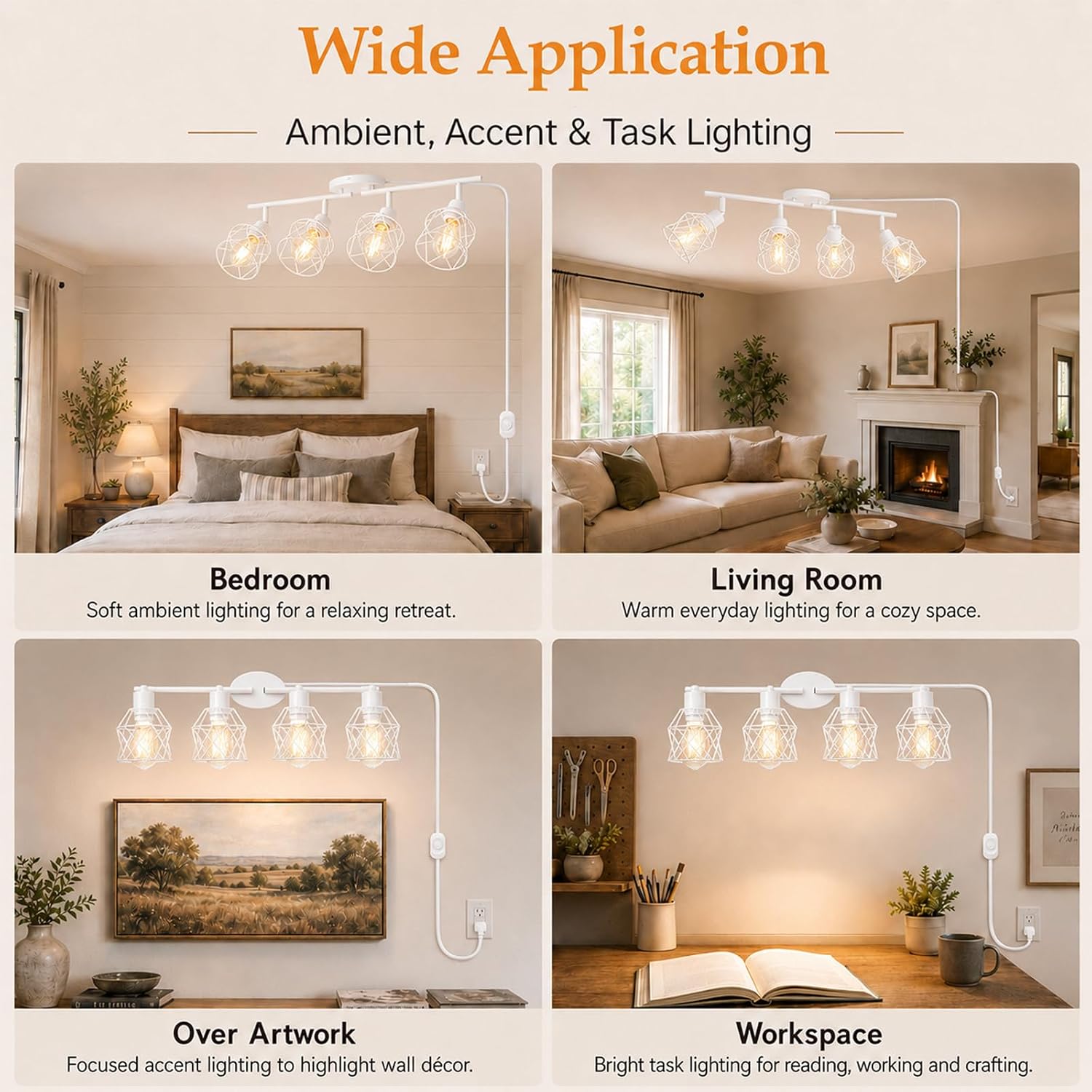 Dimmable 4 Light Plug in Ceiling Light,White Plug in Track Lighting Kit with 16.5' Cord,Flexibly Rotatable Light Head,Modern Industrial Farmhouse Style(Bulbs Not Included)