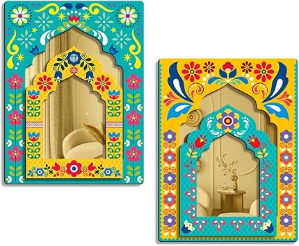 Premium Mirror Jharokha Wall Hanging Decorative Rajasthani Style Wall Decor for Living Room, Bedroom, Home | Vintage Look Wooden Frame | 10 x 8 Inches - Design06