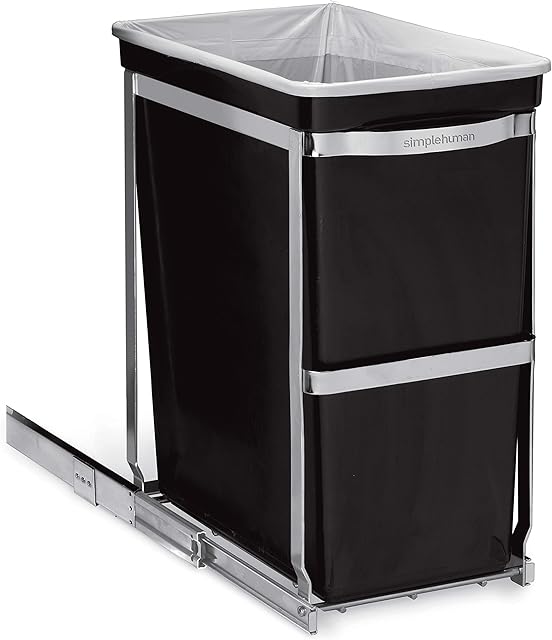 simplehuman CW1124 Pull-Out Kitchen Cupboard Cabinet Bin, Easy to Install, Commercial-Grade Ball-Bearing Tracks, Easy-Access Handle, Polished Heavy-Duty Steel Frame, W 24.9cm x H 48.5cm x D 45.0cm