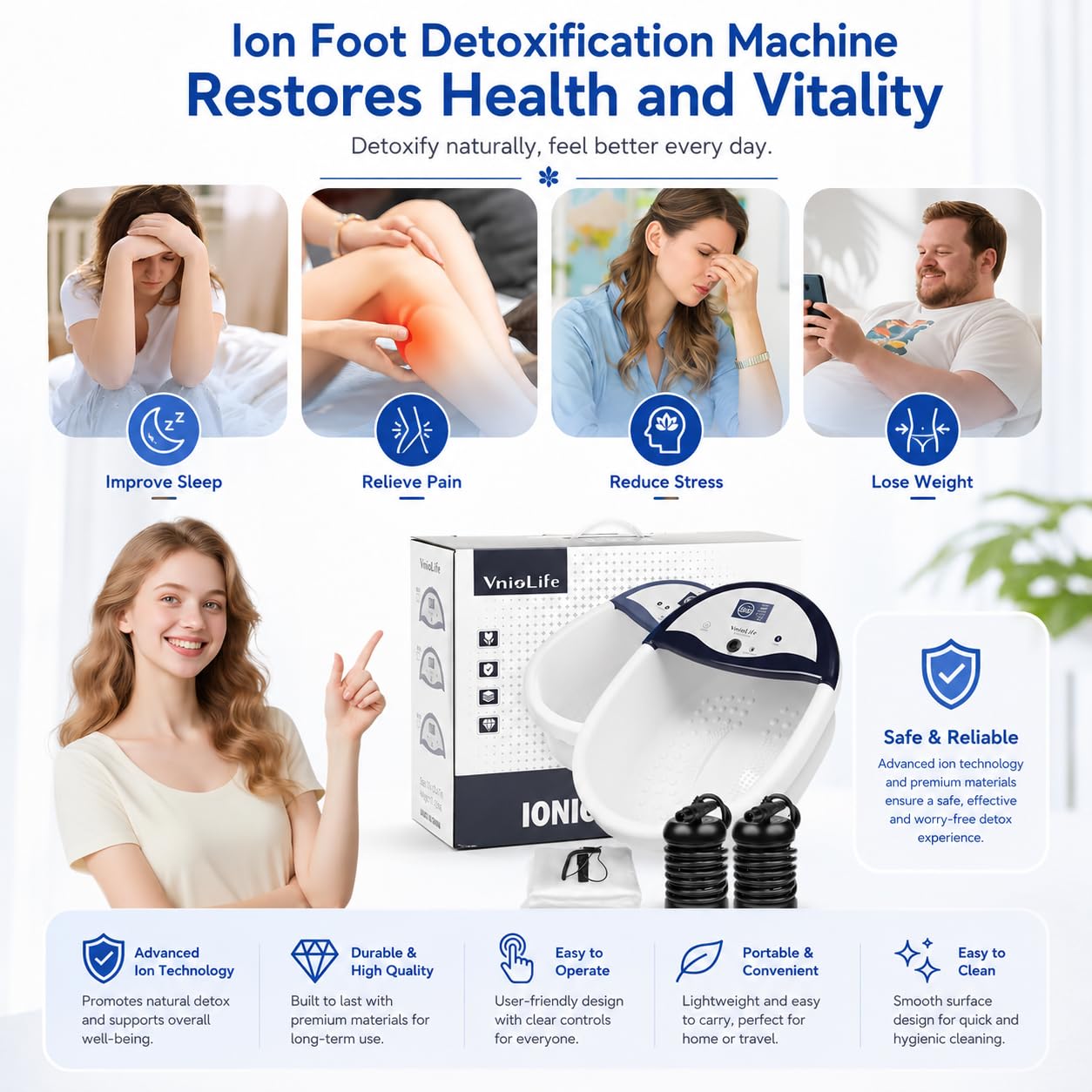 Ionic Foot Bath Detox Machine, Portable Ionic Detox Foot Spa Cleanse System with LED Display, Heated Belt, Wrist Strap, Arrays, Liners & Travel Handbag for Home & Spa Use