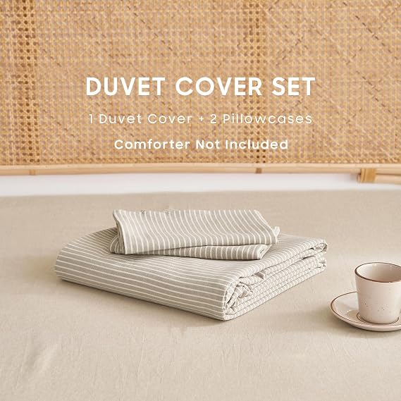 Wake In Cloud Striped Cotton Duvet Cover Set, Tan, King