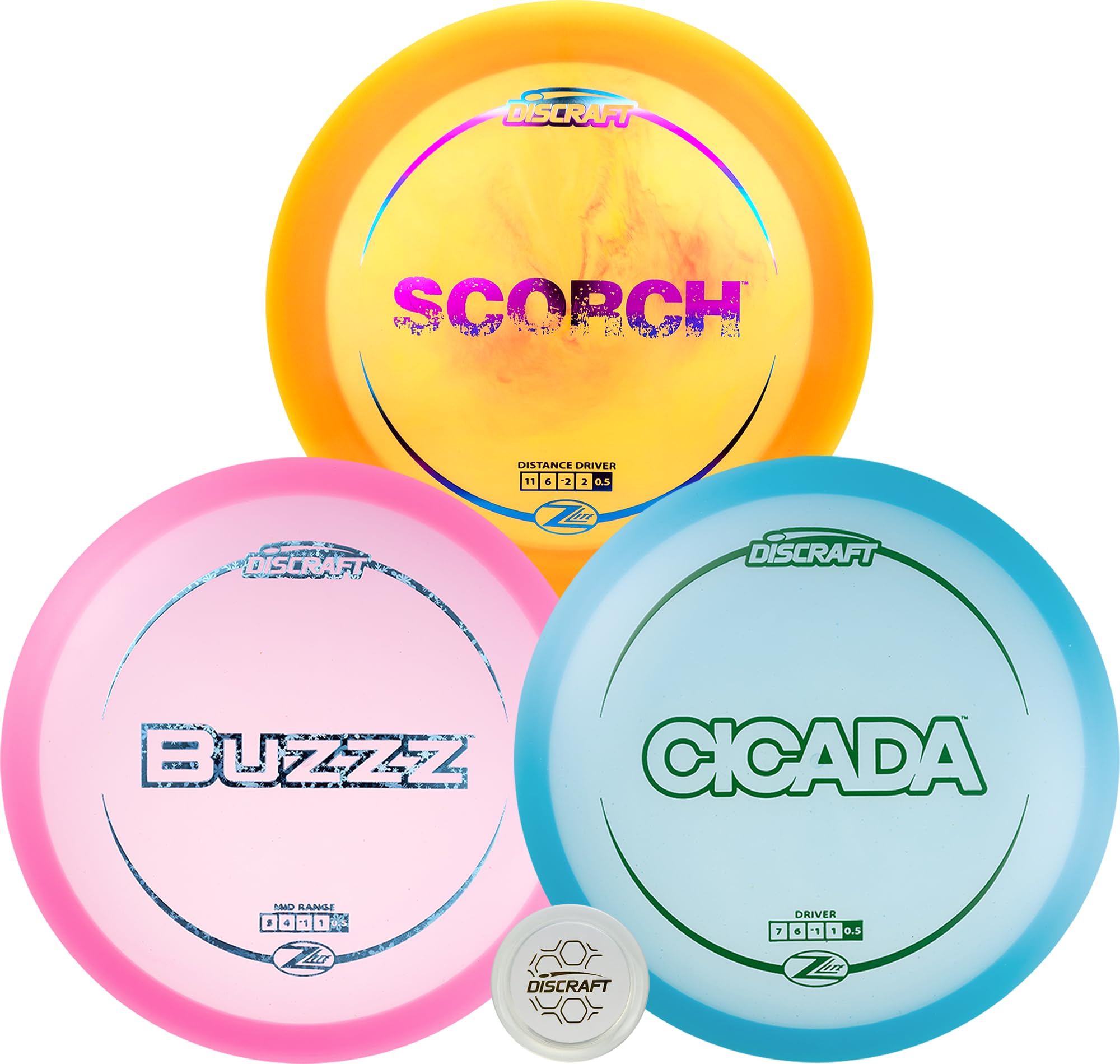 Discraft Z Lite 3-Pack - Premium Disc Golf Set with Cicada, Scorch, & Buzzz - Lightweight Discs in Varied Foils & Weights + Exclusive Snap Cap