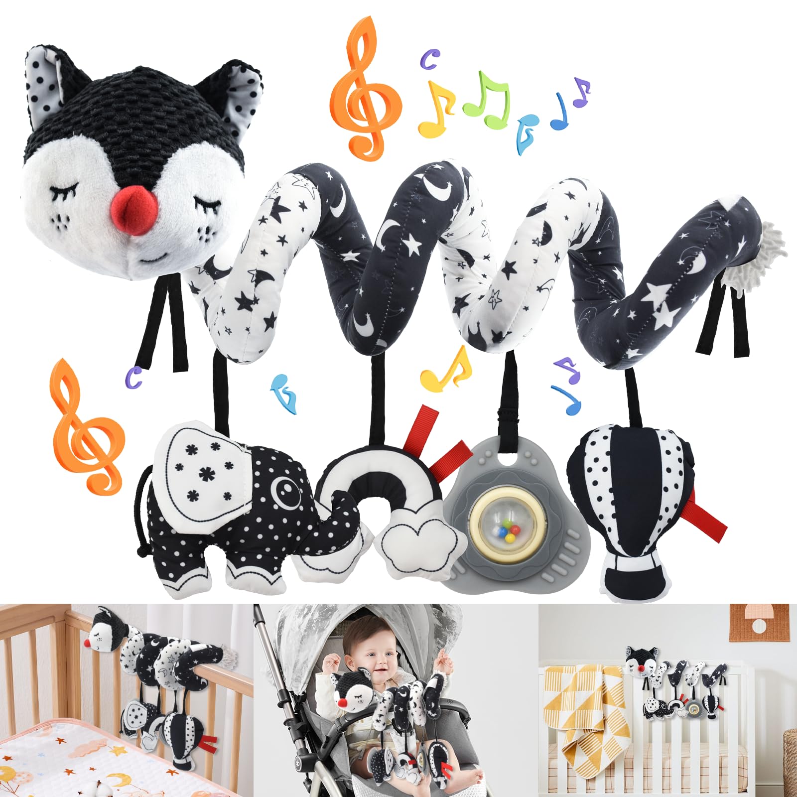 Espiral Carro Bebe, Blanco y Negro Juguetes para Cochecito de Bebé, Juguetes Colgantes en Espiral para Silla de Coche y Cuna de Bebé Móvil, Juguete para Cochecito para bebés de 0 a 6 Meses