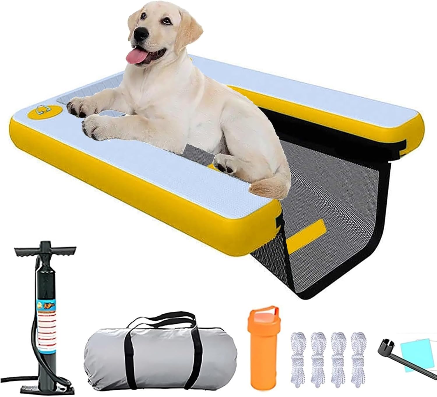 Foldable Dog Pool Exit Ramp with Accessories, Durable Inflatable Dogs Swim Access Ladder, Anti Slip Float Floating Ramp for Large Pet(Yellow)