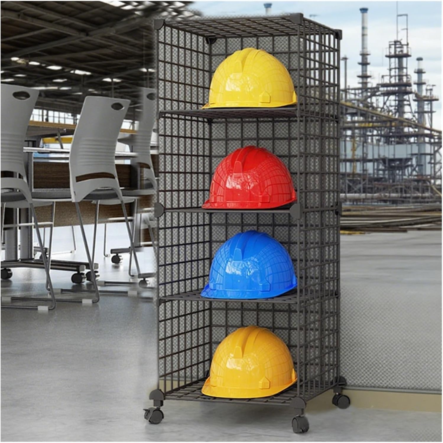 Organizador de cascos con ruedas para optimizar el espacio en comercios y talleres
