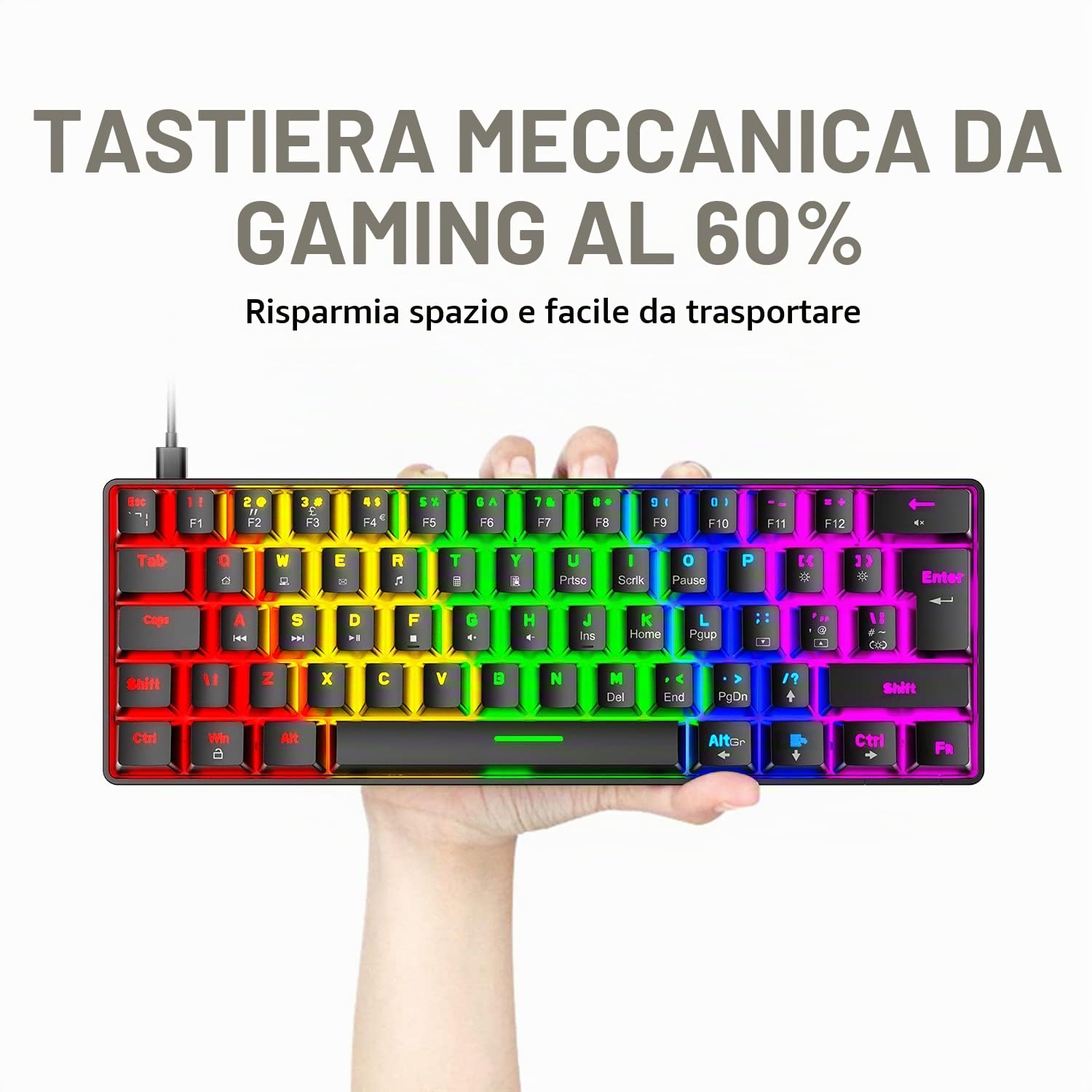 T60 Set Tastiera e Mouse da Gioco, Mini 60% Tastiera Meccanica Compatta 62 Tasti, 19 Rainbow LED Light, UK Layout + Mouse da Gioco a 6400 DPI + Mouse Pad per PC, Laptop - Interruttore Blu/Nero