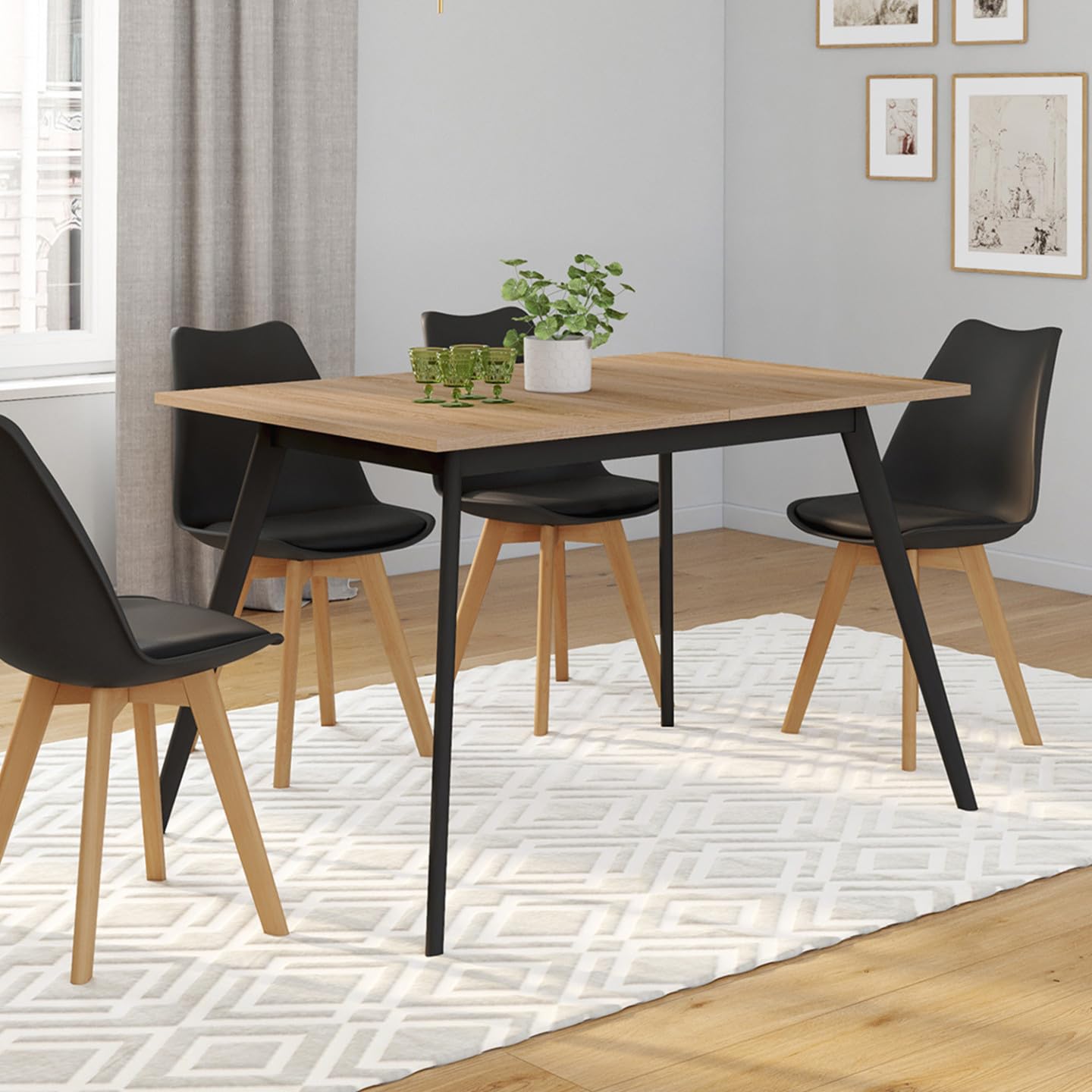 IDMarket – Mesa escandinava extensible rectangular Inga 4-8 personas, bandeja madera, patas negras, 120-160 cm