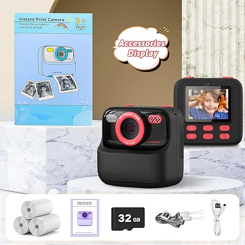 Miniatura 7 de Cámaras digitales instantáneas para niños y niñas, cámara digital selfie HD de doble lente 1080P con papel de impresión y tarjeta de 32G, regalos