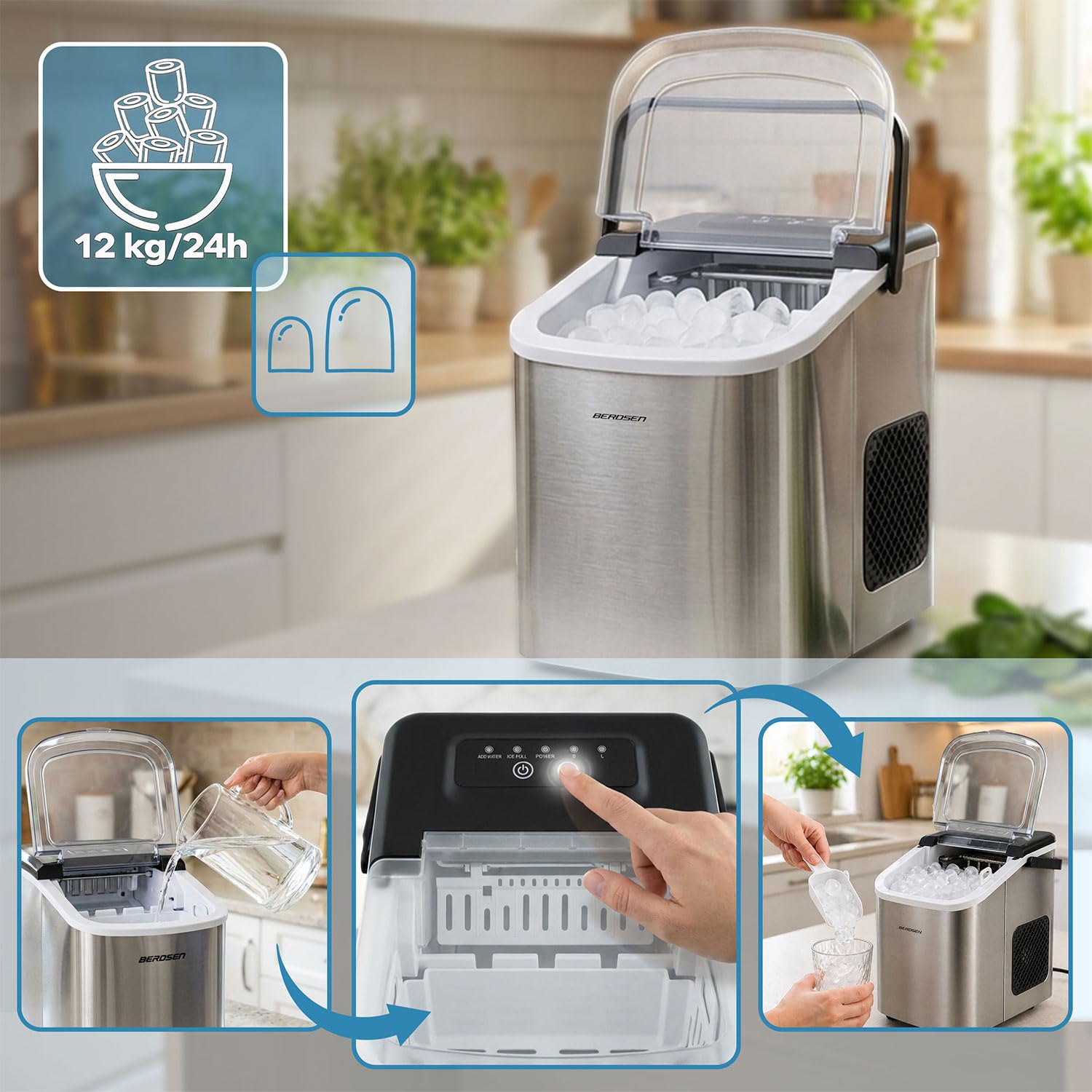 Berdsen Máquina de cubitos de hielo 12 kg/24 h – 9 cubitos de hielo en 6 – 8 minutos – Máquina para cubitos de hielo con 2 tamaños S y L – Compacta para cócteles, bebidas y bebidas – autolimpiante