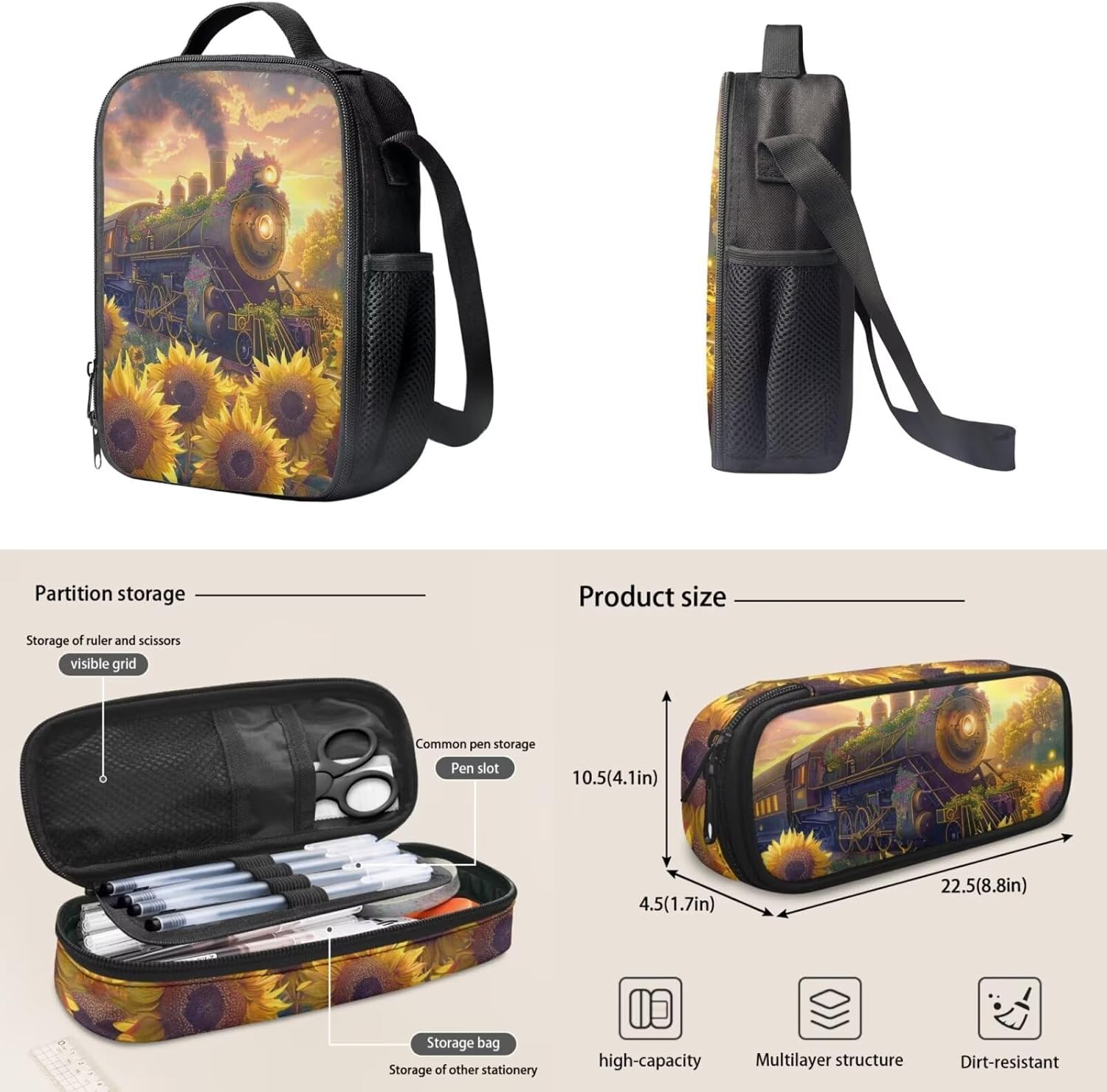 Retro Train School Backpack for Girls 3 PCS Sunflower Large School Bookbag with Insulated Lunch Box Pencil Case, Double Layer Kids Backpack Elementary Middle School Backpack, Yellow