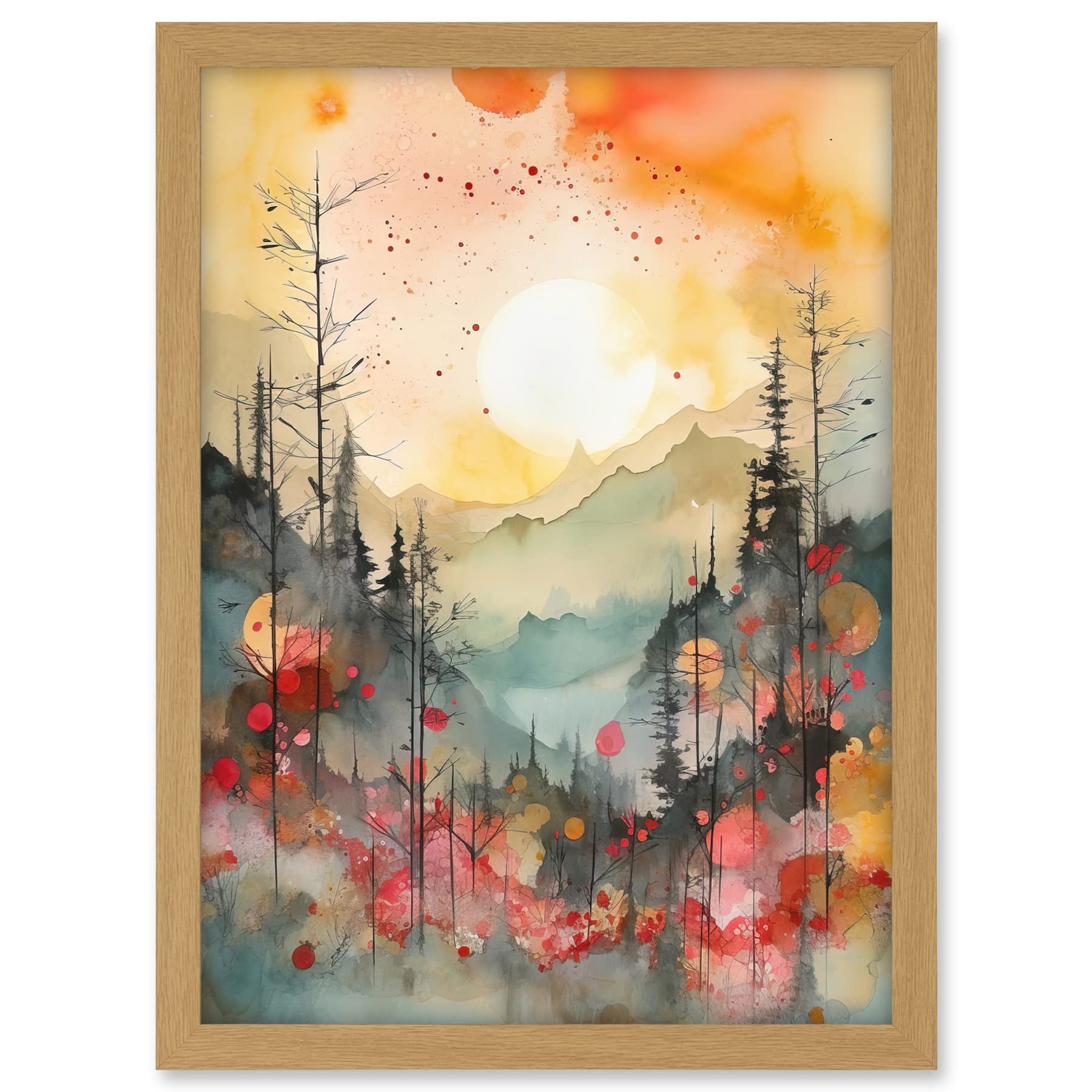Artery8 Sunrise Over Misty Mountain Forest Landscape Modern Watercolour Painting Artwork Framed A3 Wall Art Print