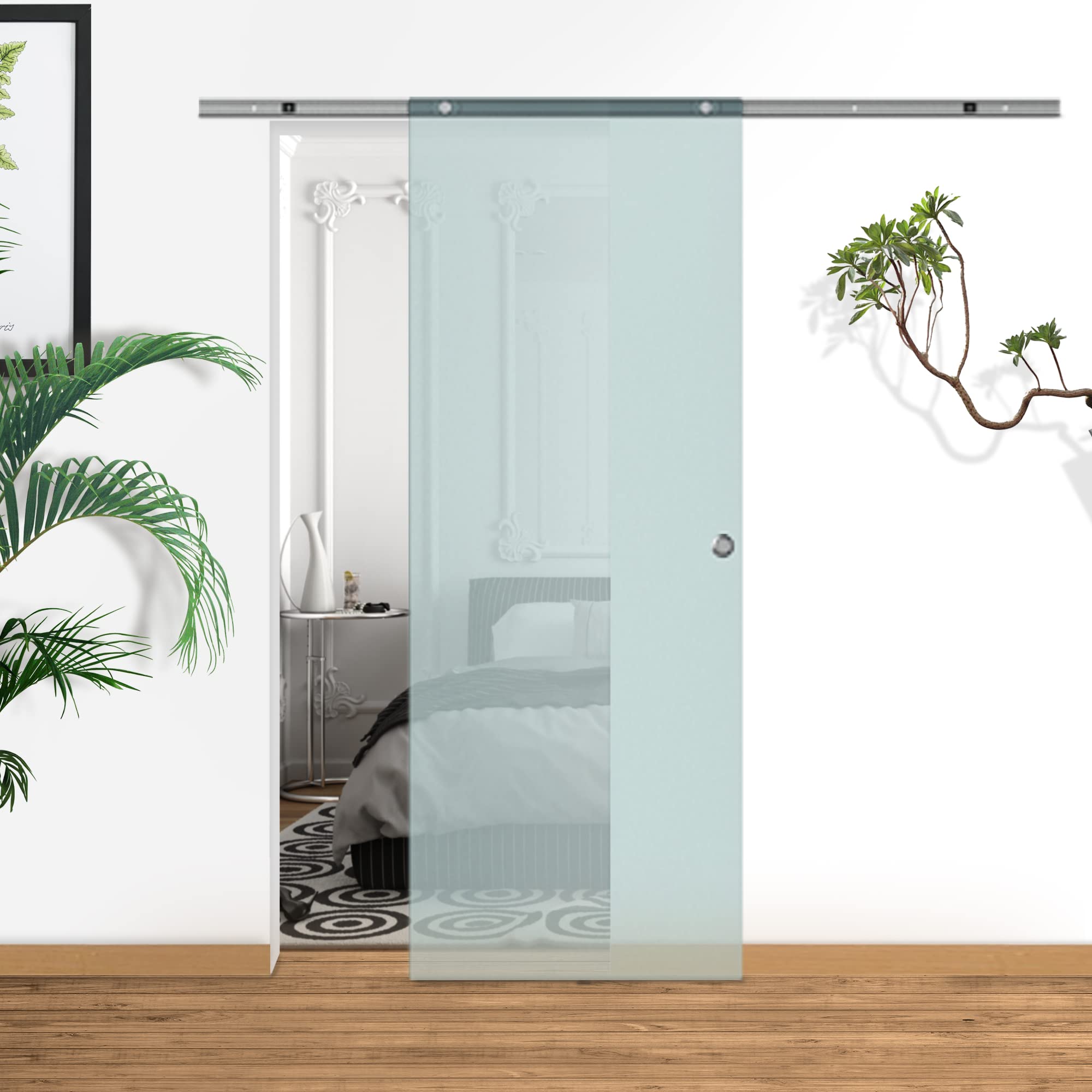 HOMCOM Porta Scorrevole in Vetro Smerigliato con Binario in Alluminio per Bagno Cucina Studio Vetro 205cm