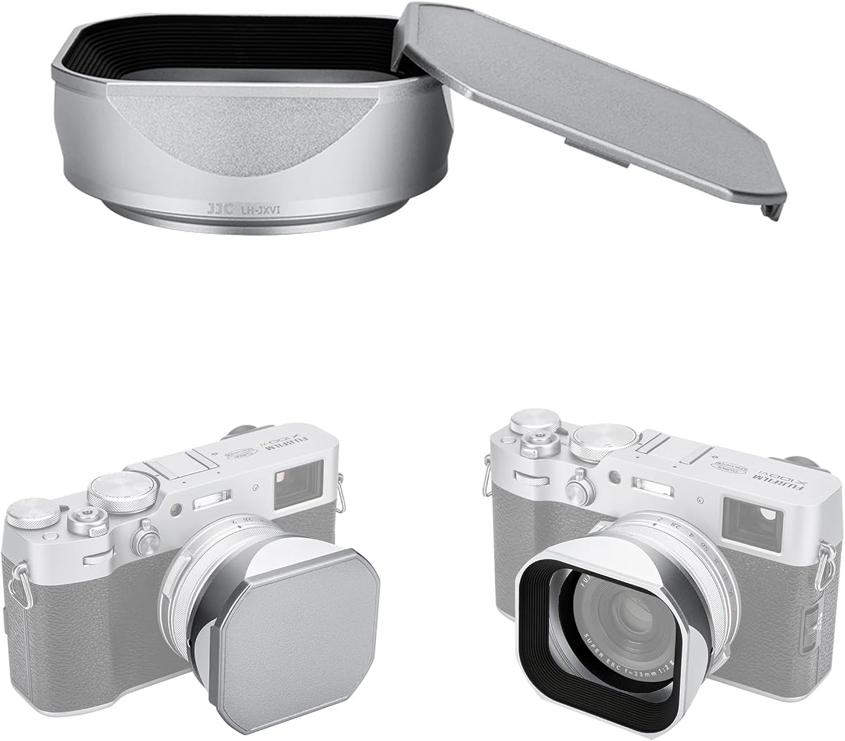JJC Metal Square Lens Hood & Adapter for Fuji X100VI X100V X100F, Silver | Replaces Fujifilm LH-X100 Lens Hood & AR-X100 Adapter Ring, Allows to Attach 49mm UV/ND/CPL Filter, No Vignetting