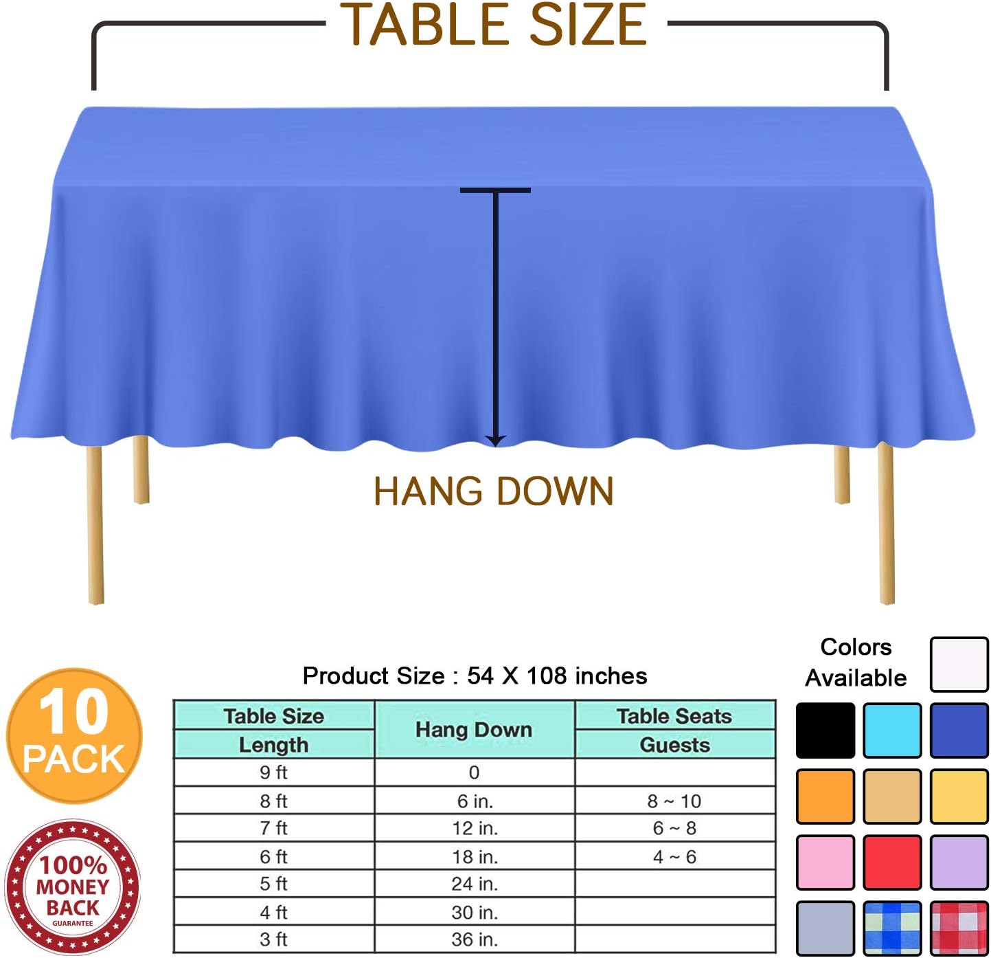 FMP Brands 10 Pack Royal Blue Plastic Tablecloth 54 x 108 Inch - Rectangle, Reusable Cover, Disposable, Party Decoration, Birthday Supplies Outdoor Picnic Camping Baby Shower Wedding
