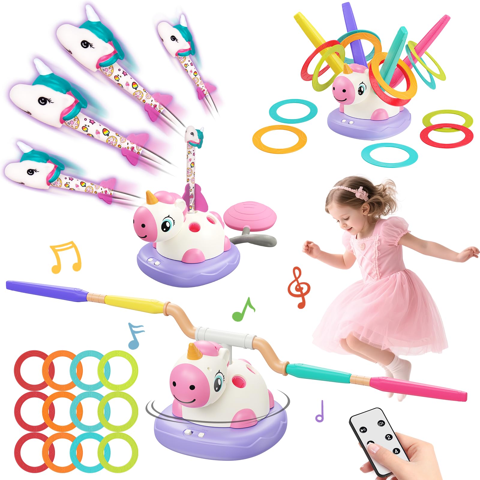 Unicornio Juguetes para Niñas 3-9 años 3 en 1 Juego Musical Saltar Cohete Lanzamiento Aros Regalo Cumpleaños