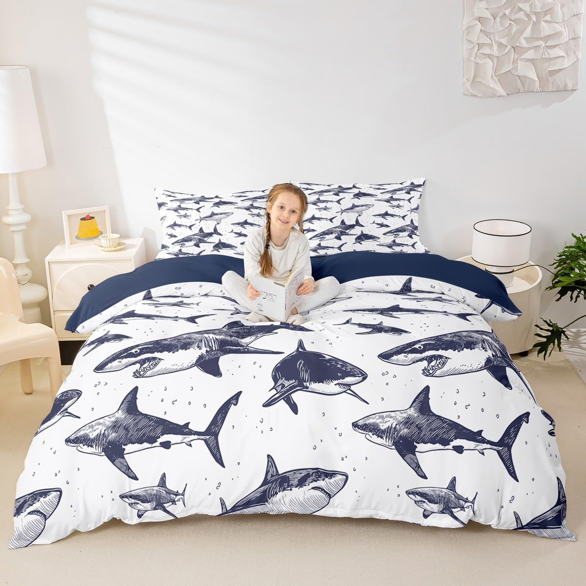 Erosebridal Shark Duvet Cover Full Size Ocean Life Bedding Set for Kids Boys Girls Children Underwater Word Comforter Cover Sea Animal Quilt Cover Grey and White Home Decoration