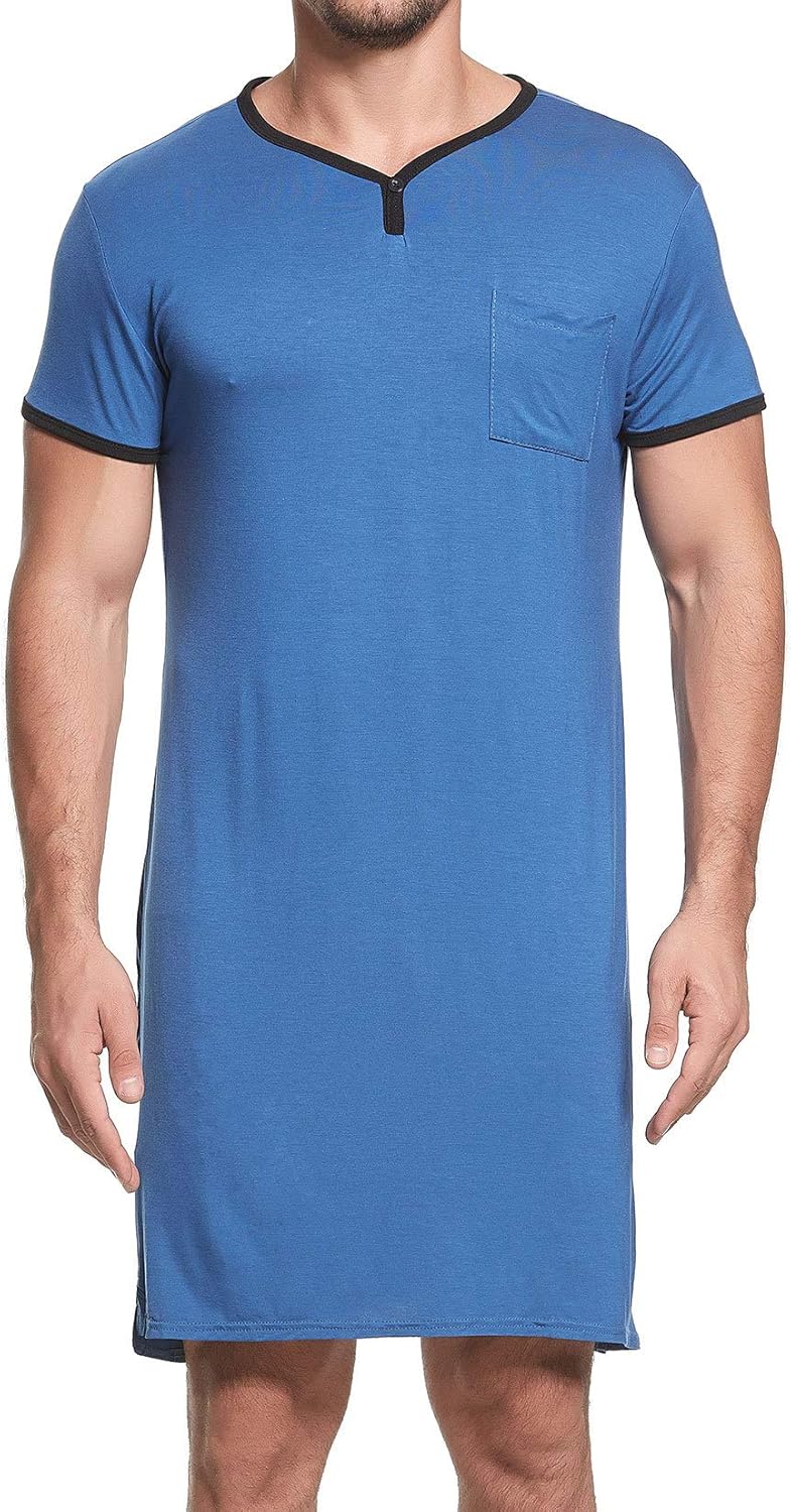 Lu's Chic Men's Nightshirt Short Sleeve Nightgown Henley Sleep Gowns Nightwear for Sleeping - Image 6