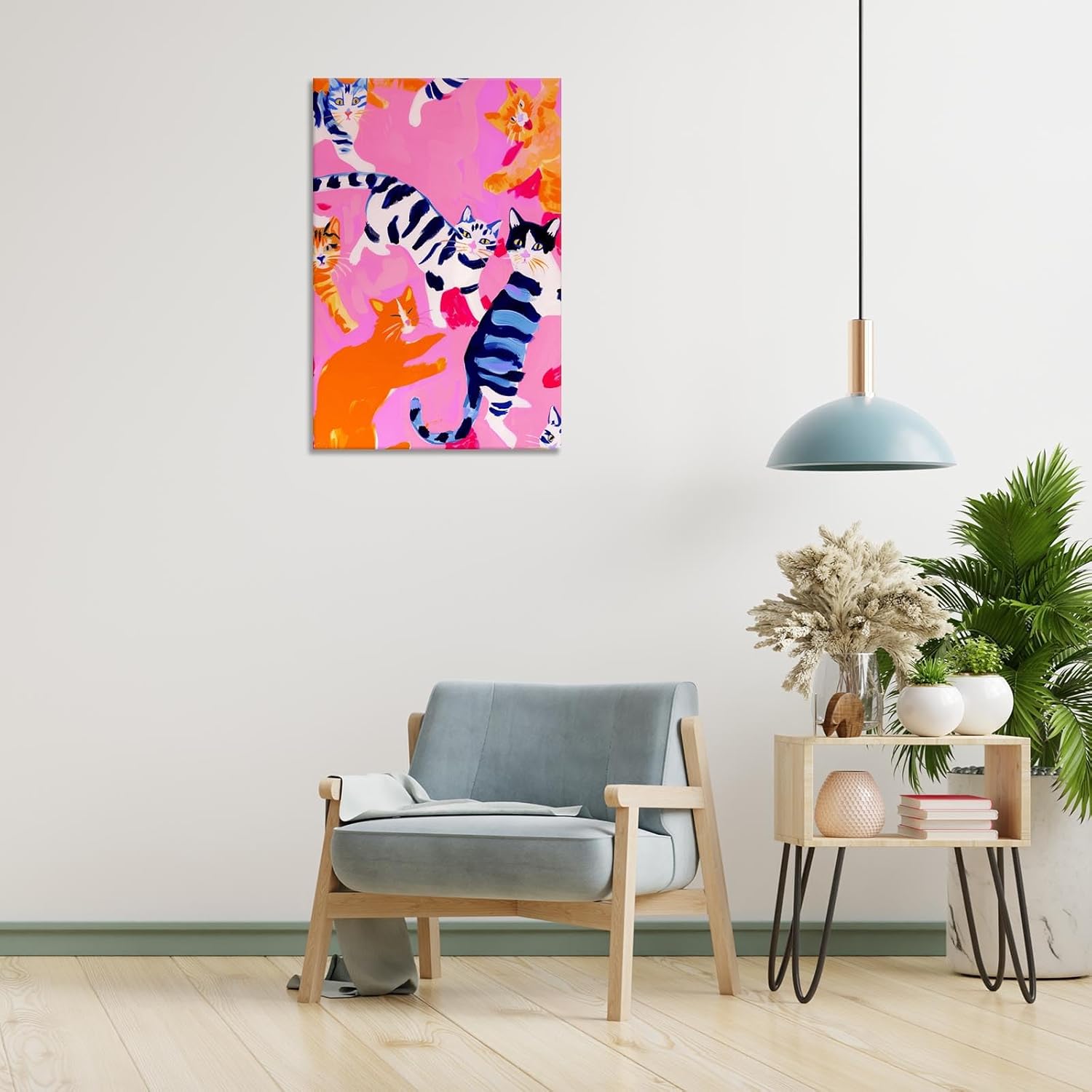 Pink Cute Cat Poster Preppy Colorful Animal Canvas Wall Art Maximalist Dopamine Kitsch Pet Aesthetic Prints Painting For Living Room Bedroom Bathroom Wall Decor 16x24in Wframed