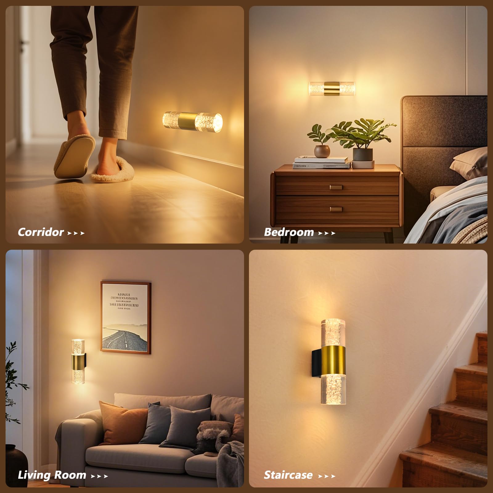 YindaLux 2 Stück LED Wandleuchte Dimmbar 4W 400LM, Touch-Bedienung Modern LED Wandlampe Innen 2700K 3000K 4000K, Nachtlicht Dimmbare für Schlafzimmer Korridor Wohnzimmer Treppe(Gold)