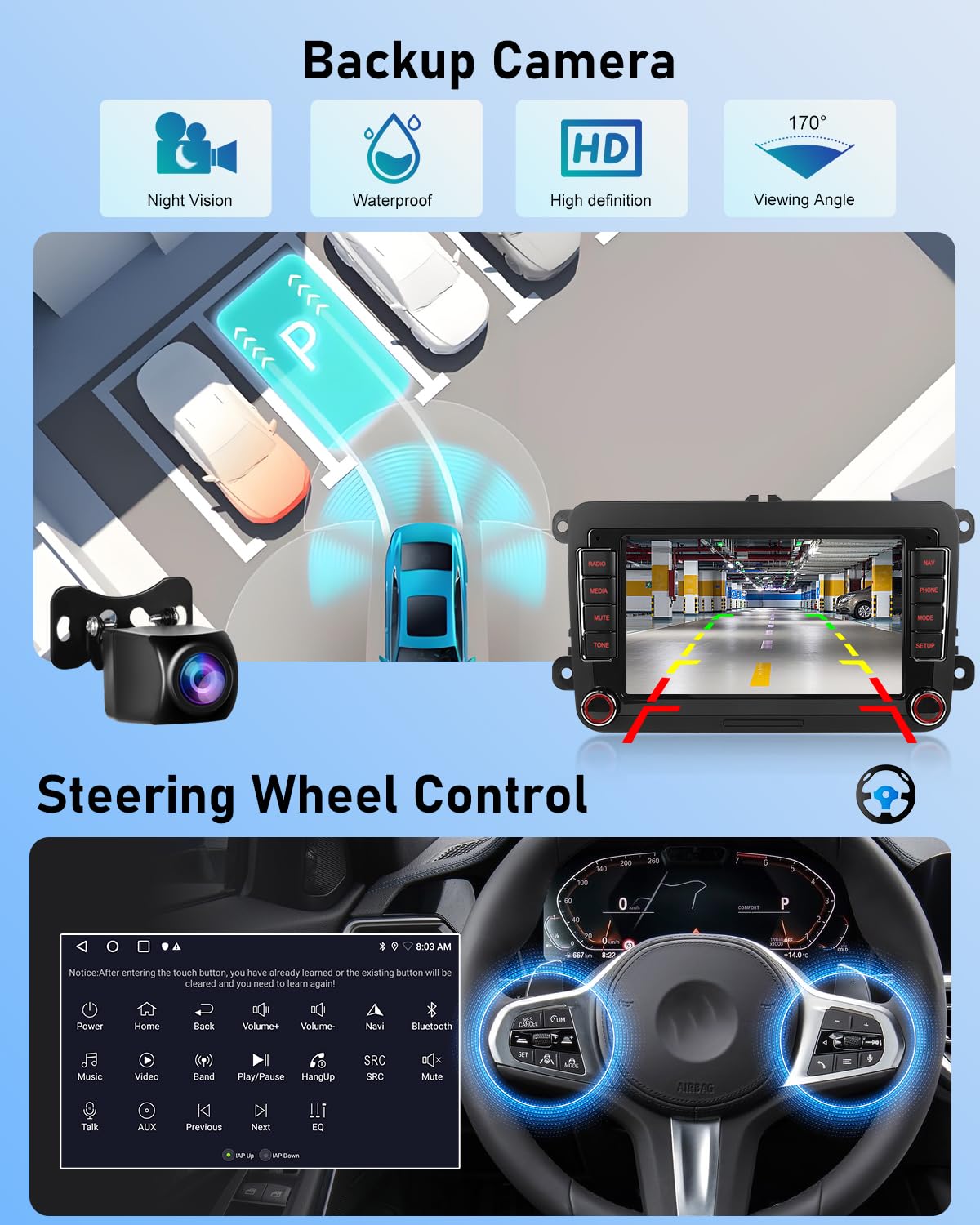 NHOPEEW 7 Zoll 2 + 64G Android Autoradio für VW Passat b6 b7 Golf 5 6 Jetta T5 EOS Polo Touran Seat Sharan - Unterstützung Drahtlos Carplay & Android Auto WiFi GPS FM RDS Mirror Link + Rückfahrkamera