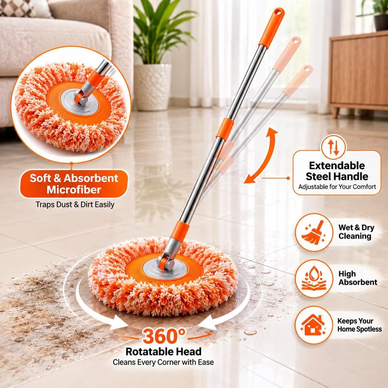360 Rotating Microfiber Mop - Clean Floors, Walls & Ceilings -4 360 Rotating Microfiber Mop - Clean Floors, Walls & Ceilings -4